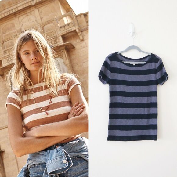 Madewell Tops - Madewell XXS Musical Tee Wide Rugby Stripe Blue Rib Knit Boatneck Short Sleeve